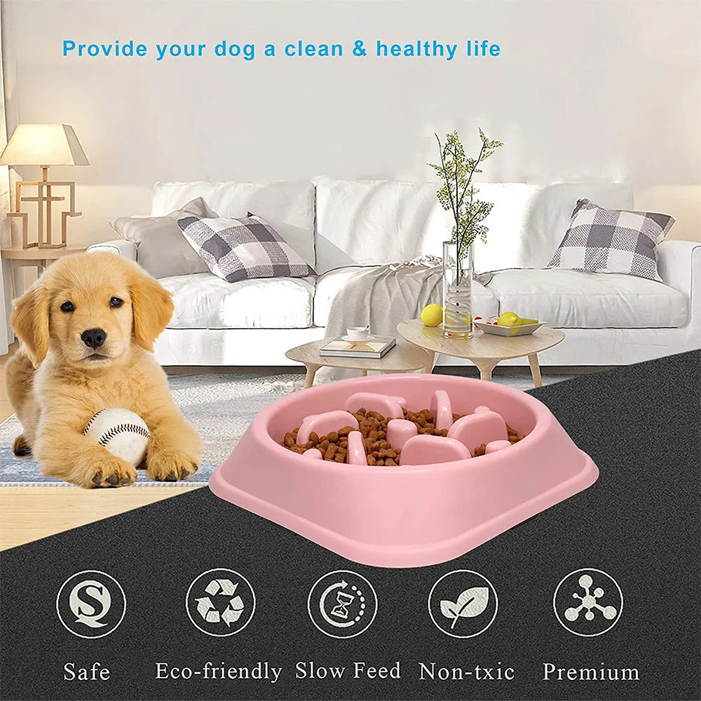 Maze-pattern anti-gulp slow feeder pet bowl on a kitchen floor