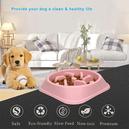 Maze-pattern anti-gulp slow feeder pet bowl on a kitchen floor