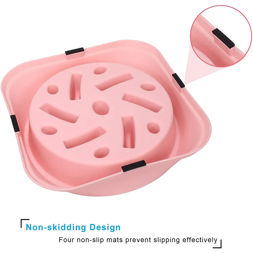 Maze-pattern anti-gulp slow feeder pet bowl on a kitchen floor