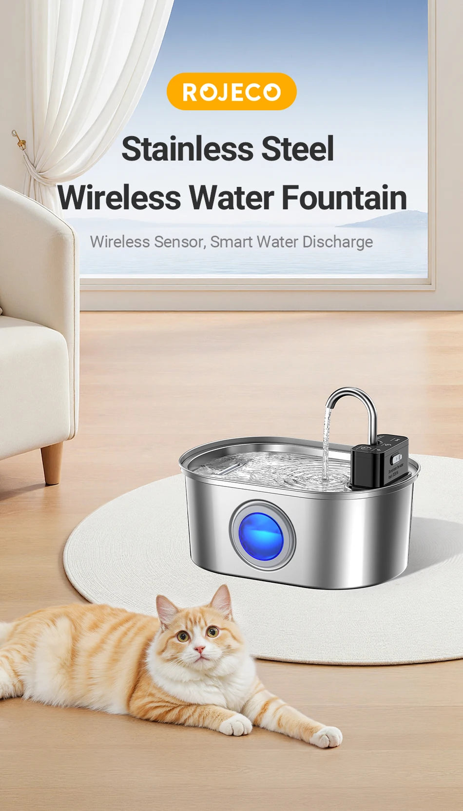 Stainless-steel automatic pet water fountain with flowing filtered water