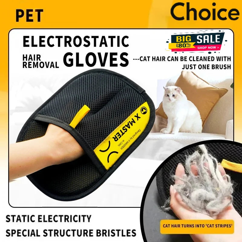 Pet owner wearing an electrostatic grooming glove to remove fur from a dog