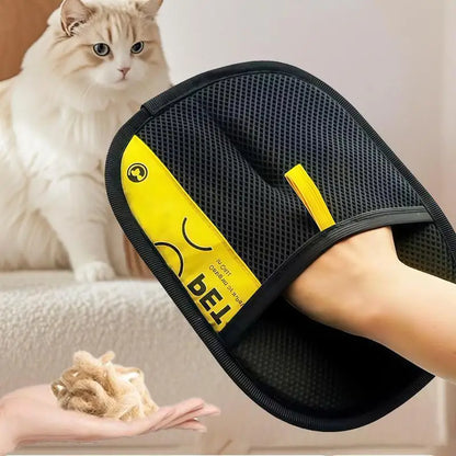 Pet owner wearing an electrostatic grooming glove to remove fur from a dog
