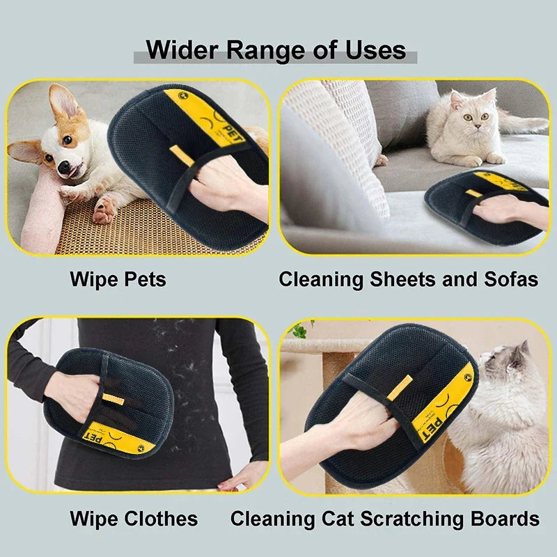 Pet owner wearing an electrostatic grooming glove to remove fur from a dog