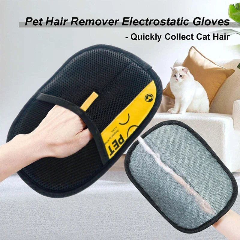 Pet owner wearing an electrostatic grooming glove to remove fur from a dog