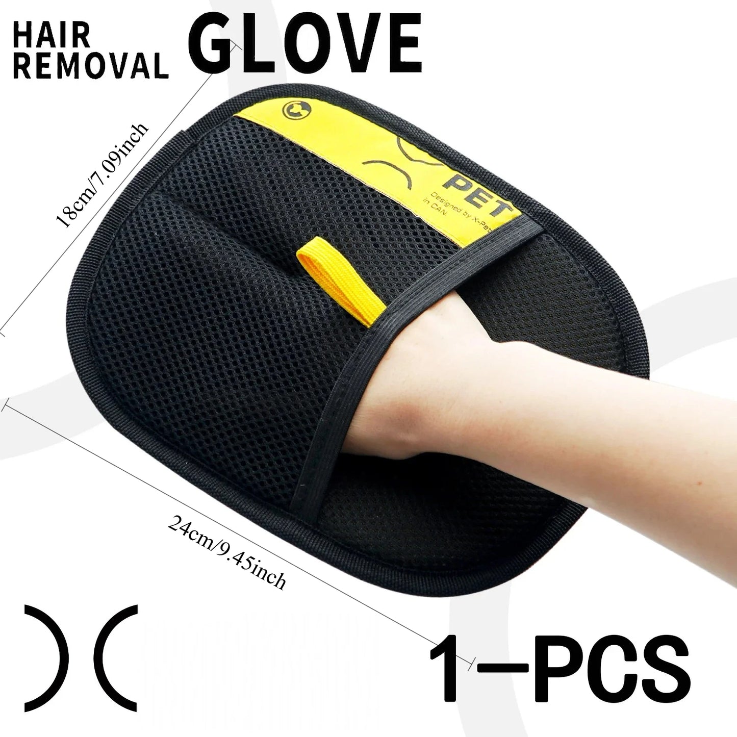 Pet owner wearing an electrostatic grooming glove to remove fur from a dog